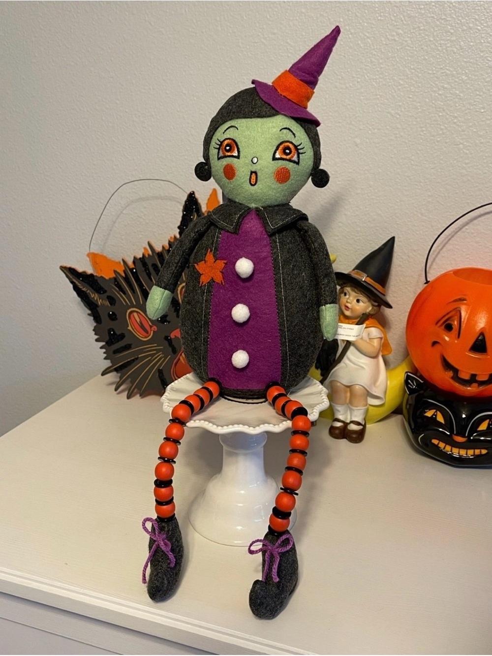 JOHANNA PARKER WITCH GIRL PLUSH SHELF SITTER BEAD LEGS FOLK ART HALLOWEEN DECOR